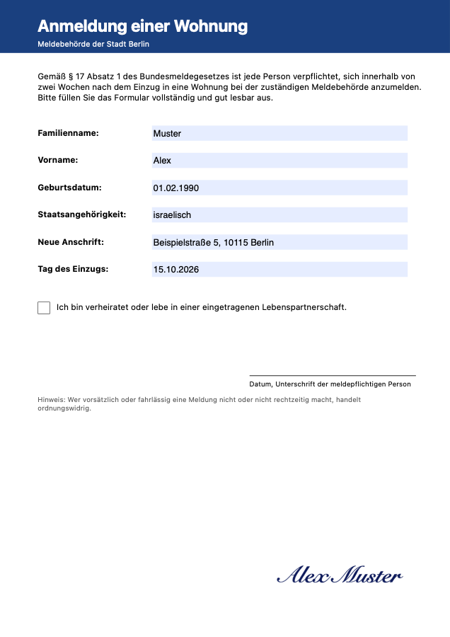 The filled-in form, signed and locked