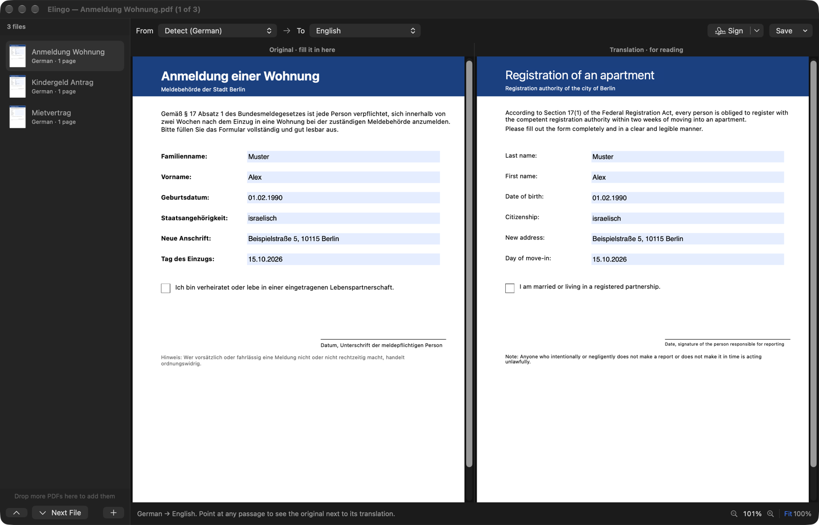A German registration form being filled in, with the same page in English beside it