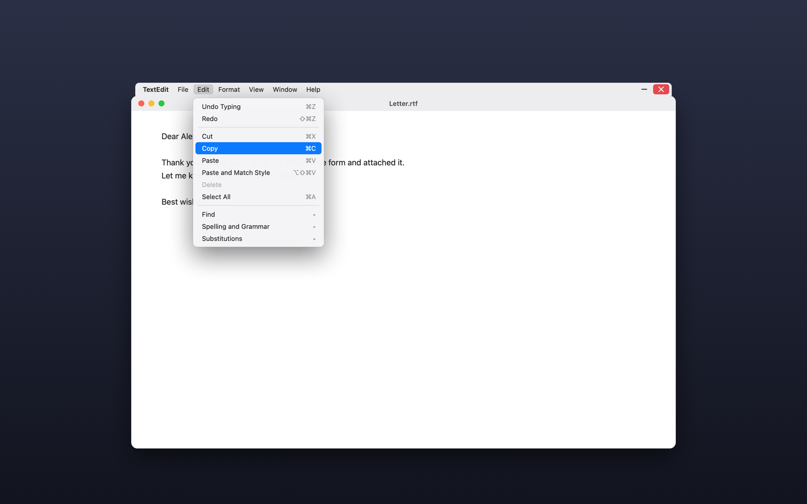 A TextEdit window with its menus attached on top and the Edit menu open