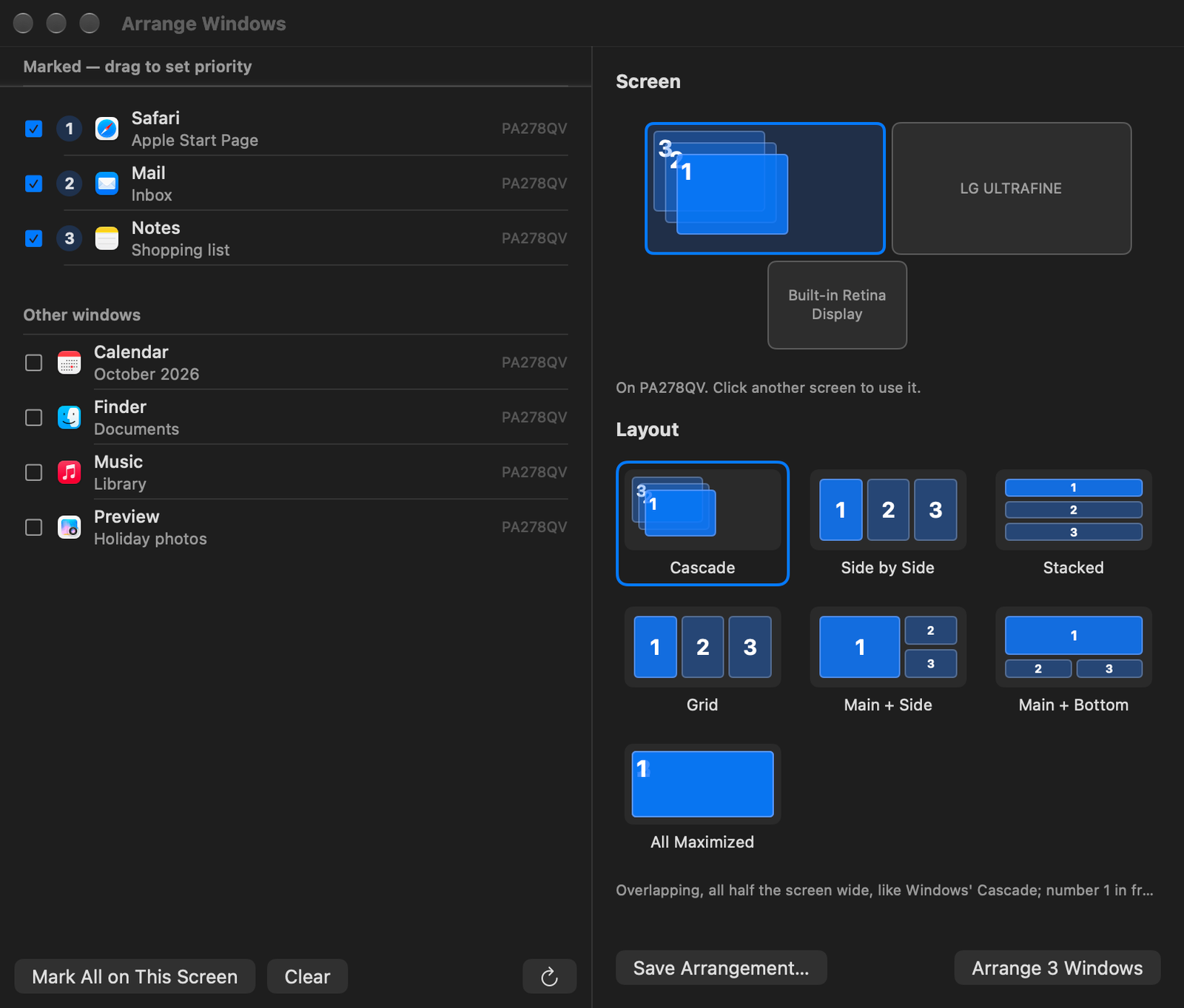 Arrange Windows: marked windows in priority order, a map of the screens and seven layouts