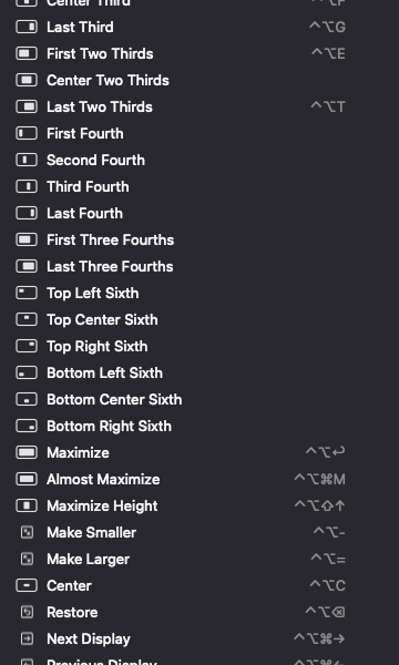 The menu, with a picture of each action and its shortcut